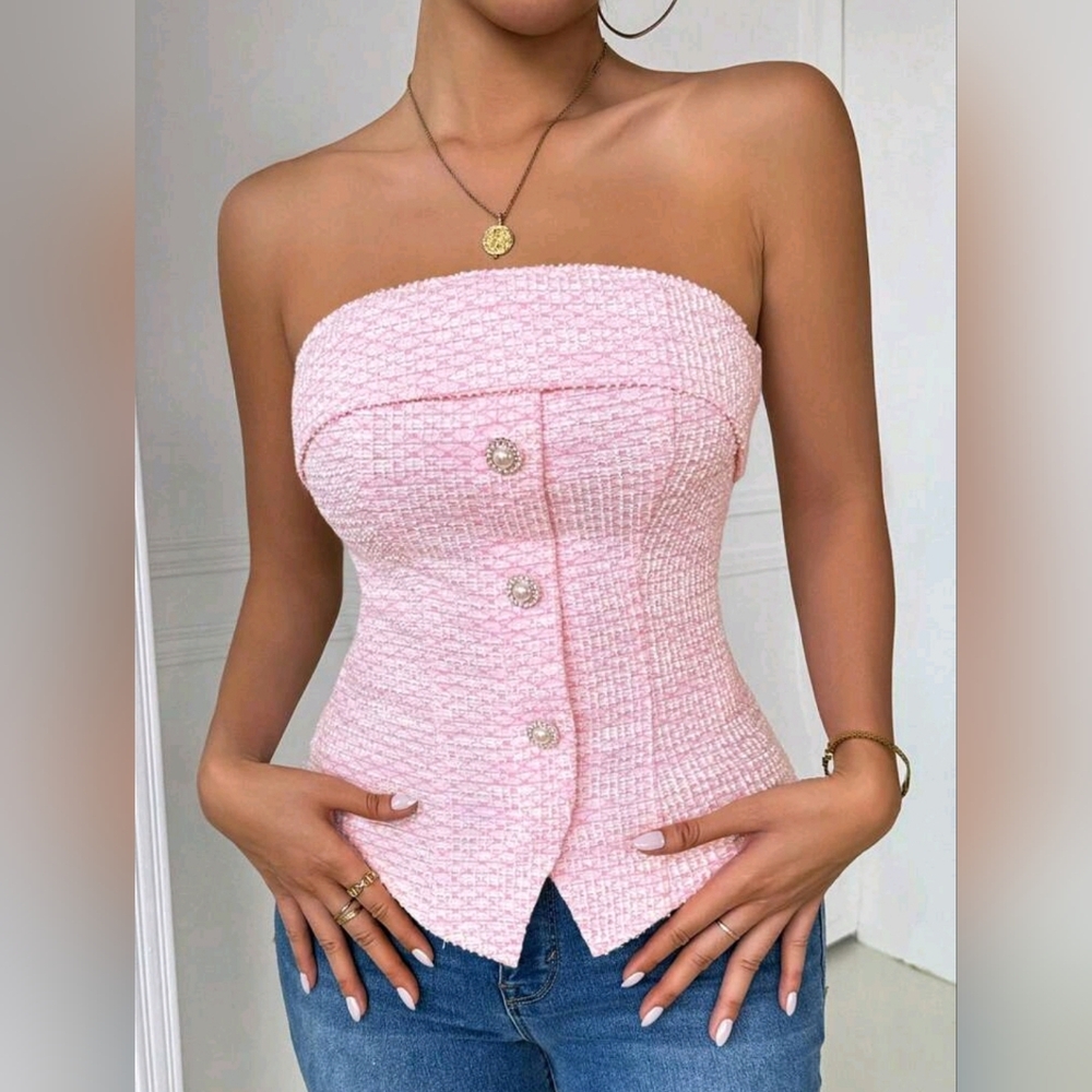 SHEIN Pink Strapless Buttoned Top